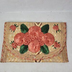 Handwoven Straw Clutch With Floral Raffia Embellishments & Purple Satin Interior